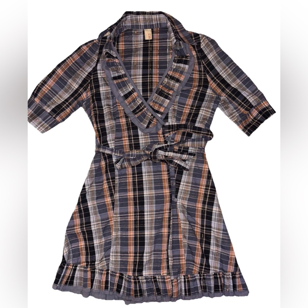 BKE Women’s Wrap Tie Dress Plaid Bronze Metallic Size M Western Cowgirl Ruffles
